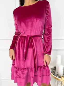 Różowa Welurowa Sukienka z Falbankami 9346-281-E|Modna Kiecka Outlet