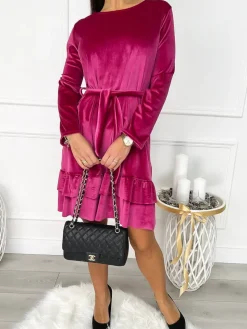 Różowa Welurowa Sukienka z Falbankami 9346-281-E|Modna Kiecka Outlet