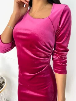 Różowa Welurowa Sukienka z Marszczeniem 9327-232-H|Modna Kiecka Discount