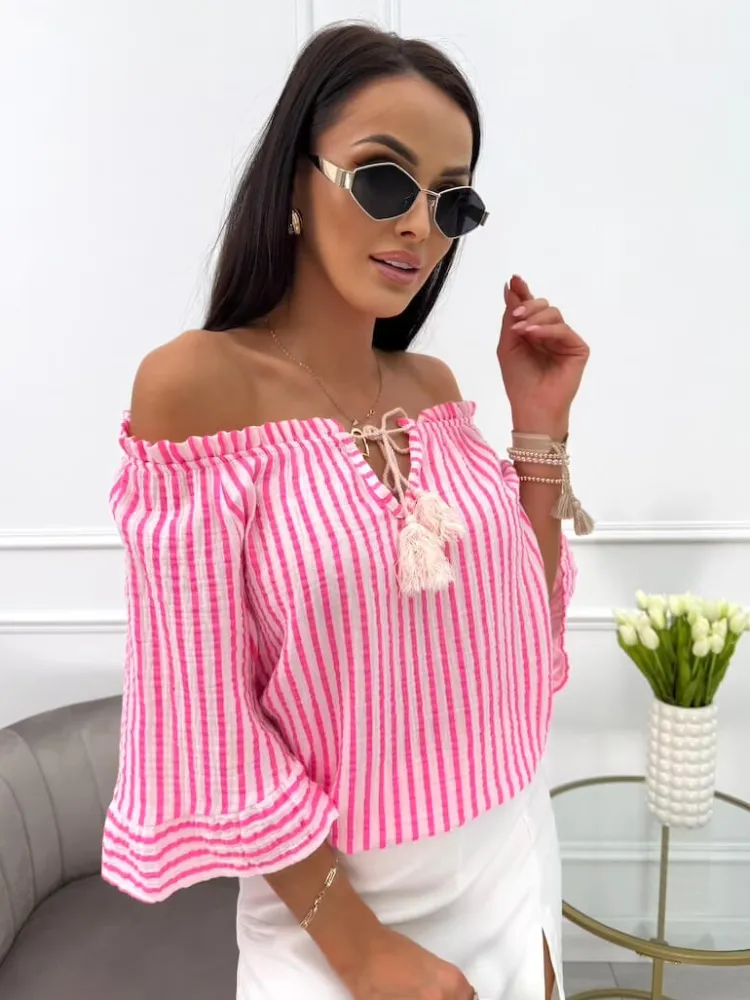 Różowo-Biała Bluzka w Paski 13982-29-B|Modna Kiecka Online