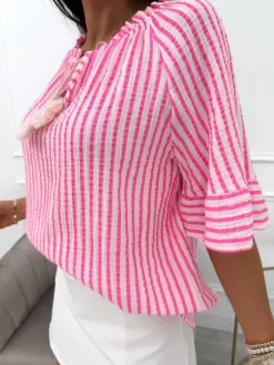 Różowo-Biała Bluzka w Paski 13982-29-B|Modna Kiecka Online