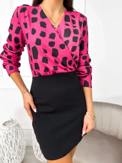 Różowo-Czarna Kopertowa Sukienka 11135-143-D|Modna Kiecka Outlet