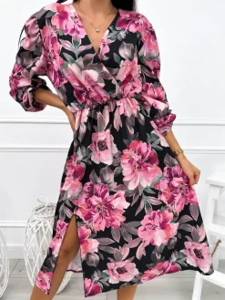 Różowo-Czarna Sukienka z Motywem Kwiatowym 12677-512-B|Modna Kiecka Discount
