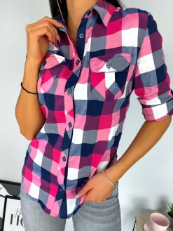 Różowo-Granatowo-Biała Koszula w Kratę 11387-233-D|Modna Kiecka Sale
