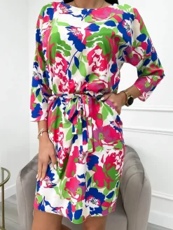 Różowo-Niebiesko-Zielona Sukienka ze Wzorem 9745-512-A|Modna Kiecka Discount