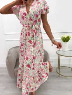 Różowo-Zielona Sukienka z Motywem Kwiatowym 13929-303-E|Modna Kiecka Discount