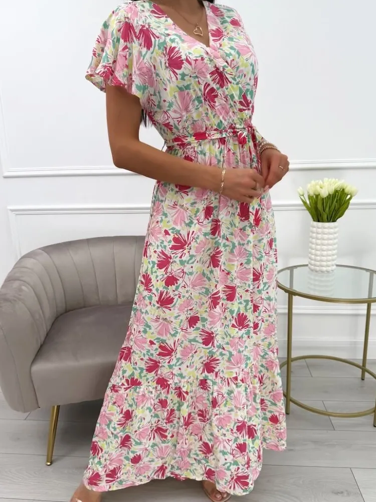 Różowo-Zielona Sukienka z Motywem Kwiatowym 13929-303-E|Modna Kiecka Discount