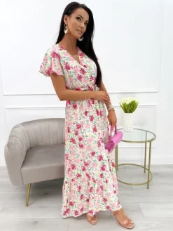 Różowo-Zielona Sukienka z Motywem Kwiatowym 13929-303-E|Modna Kiecka Discount