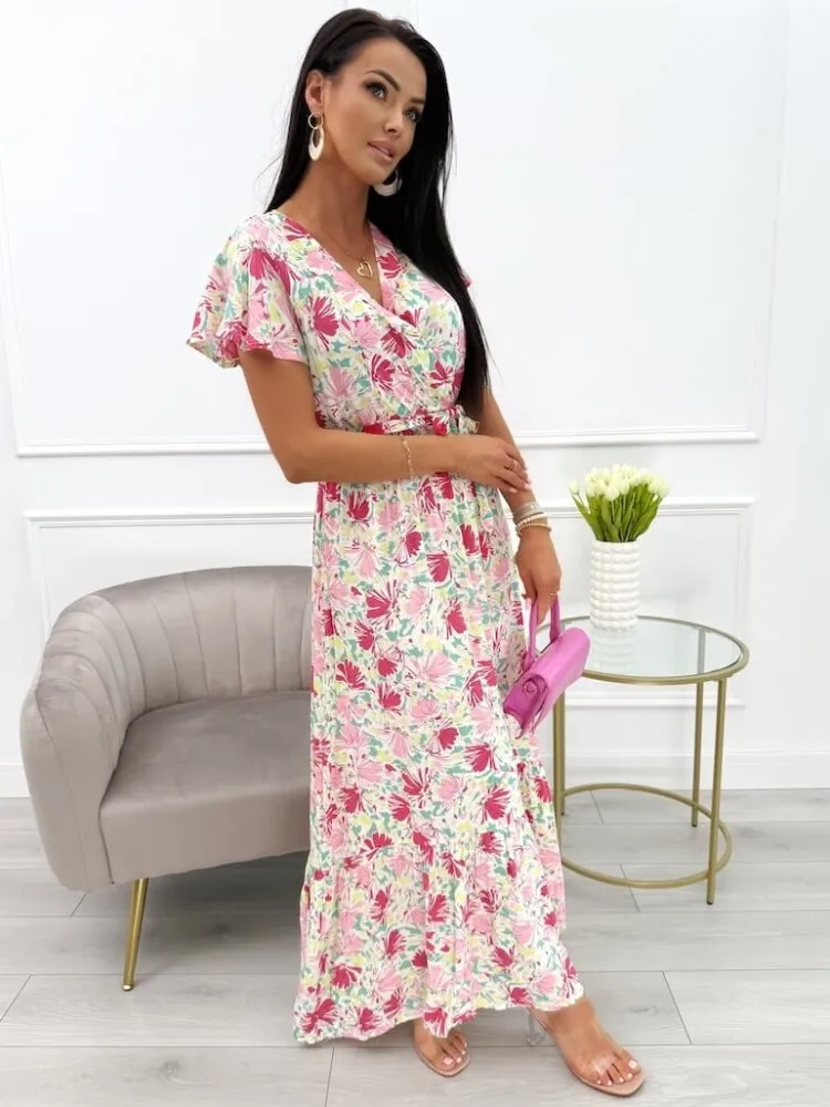 Różowo-Zielona Sukienka z Motywem Kwiatowym 13929-303-E|Modna Kiecka Discount