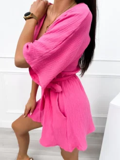 Różowy Krótki Kombinezon z Paskiem 12497-70-F|Modna Kiecka Fashion