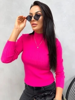 Różowy Prążkowany Sweterek z Półgolfem 13169-271-G|Modna Kiecka Clearance