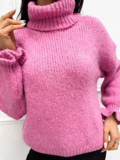 Różowy Sweterek z Golfem i Ozdobnym Rękawem 13345-160-G|Modna Kiecka Outlet