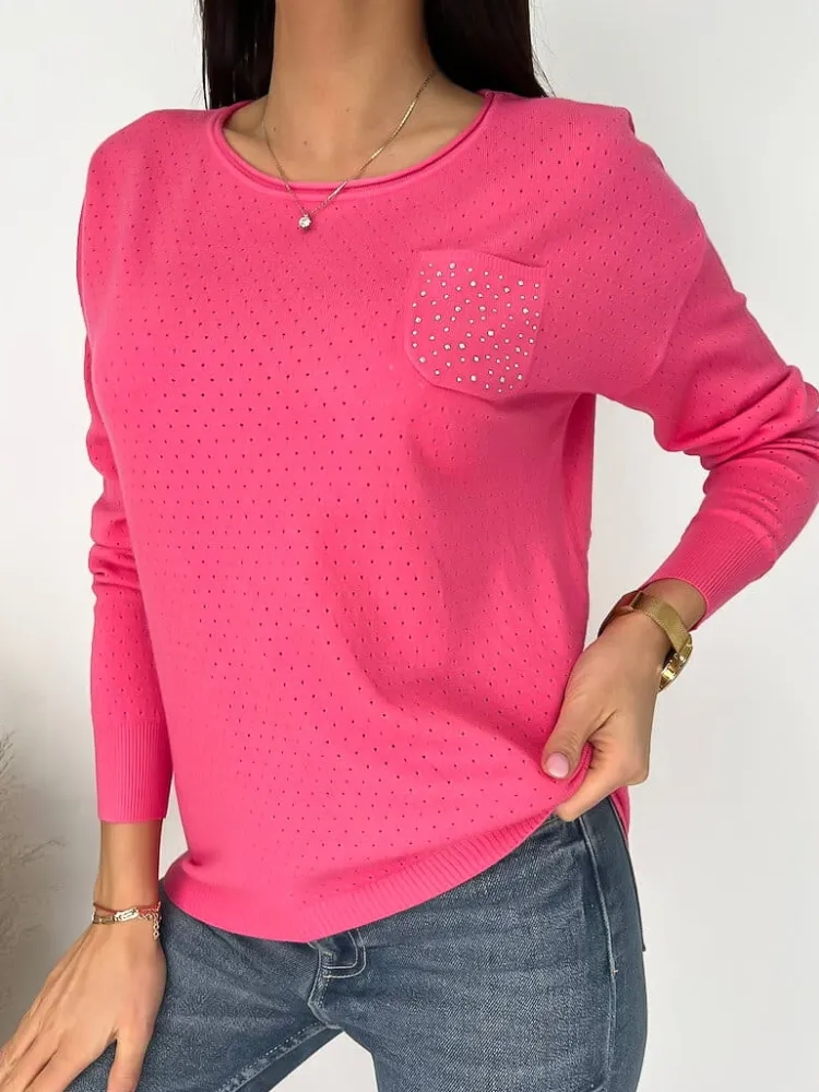 Różowy Sweterek z Ozdobną Kieszonką 9540-521-F|Modna Kiecka Fashion
