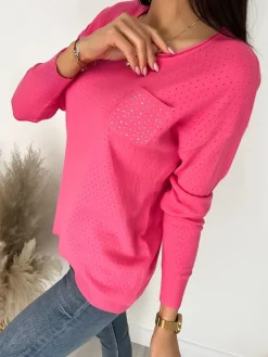 Różowy Sweterek z Ozdobną Kieszonką 9540-521-F|Modna Kiecka Fashion