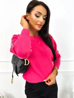Różowy Sweterek z Ozdobnymi Rękawami 12831-360-G|Modna Kiecka Fashion