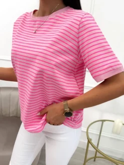 Różowy T-shirt w Paski 13764-152-B|Modna Kiecka New