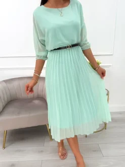 Seledynowa Plisowana Sukienka z Paskiem 11651-57-G|Modna Kiecka New