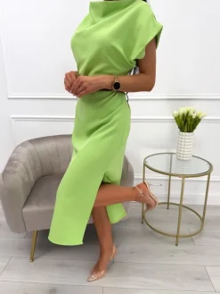 Seledynowa Sukienka Midi z Paskiem 13851-408-D|Modna Kiecka Outlet