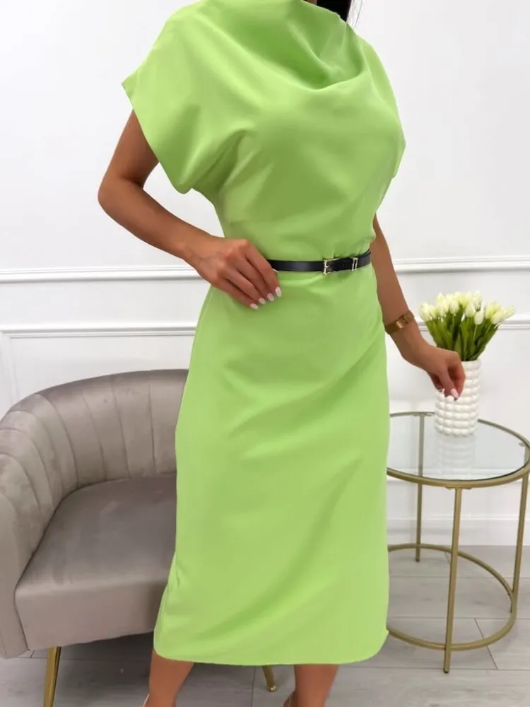 Seledynowa Sukienka Midi z Paskiem 13851-408-D|Modna Kiecka Outlet