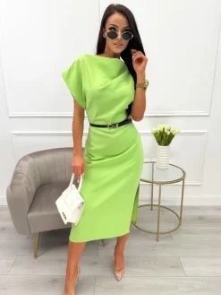 Seledynowa Sukienka Midi z Paskiem 13851-408-D|Modna Kiecka Outlet