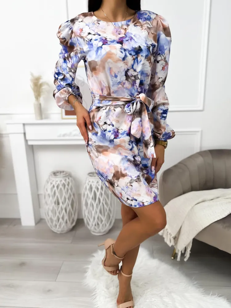 Sukienka w Błękitne Kwiaty z Paskiem 11475-08-A|Modna Kiecka Clearance
