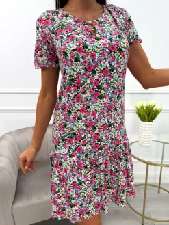 Sukienka w Drobne Kwiatki z Falbanką Plus Size 13978-39-Q|Modna Kiecka Outlet
