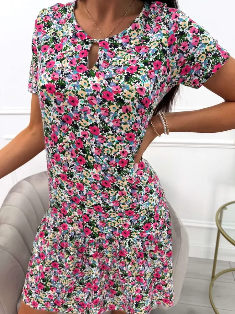 Sukienka w Drobne Kwiatki z Falbanką Plus Size 13978-39-Q|Modna Kiecka Outlet