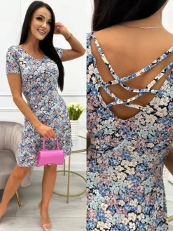 Sukienka w Kwiatki z Ozdobnym Tyłem 13882-29-Q|Modna Kiecka Fashion