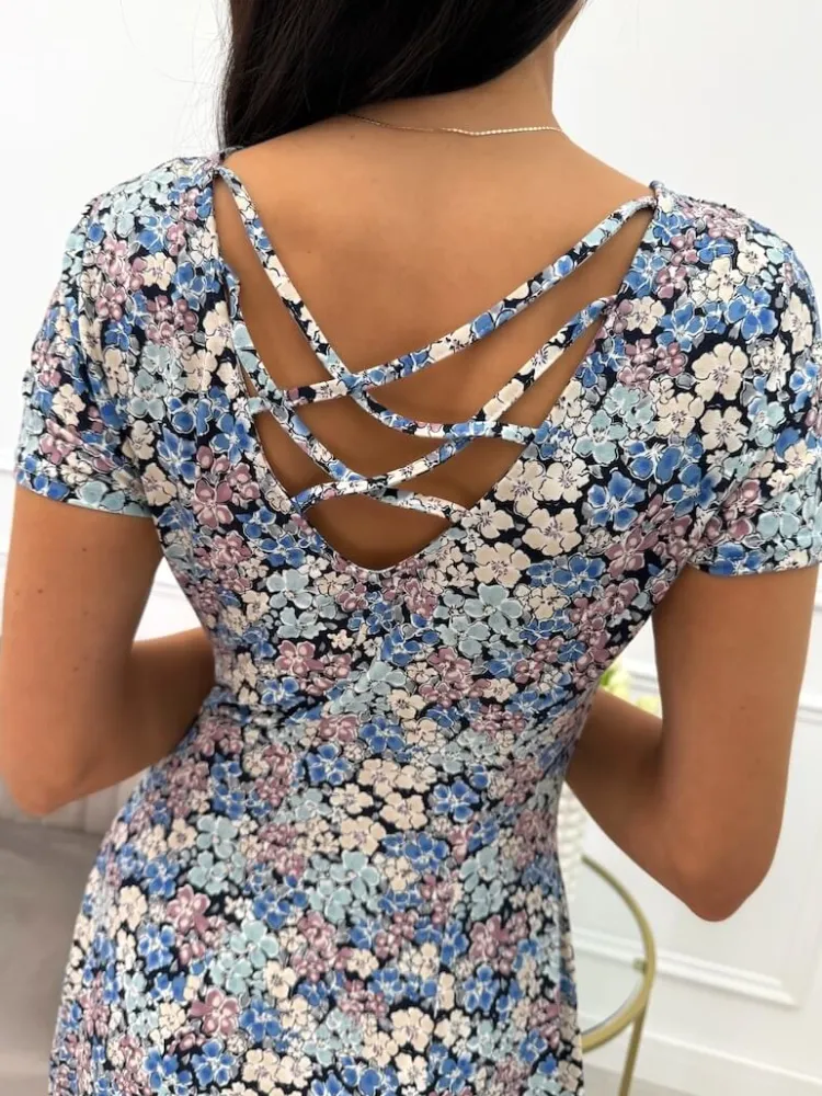 Sukienka w Kwiatki z Ozdobnym Tyłem 13882-29-Q|Modna Kiecka Fashion