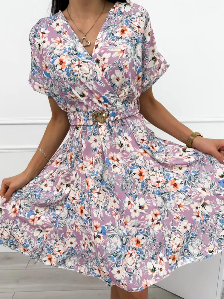 Sukienka w Kwiatki z Paskiem 12342-119-Q|Modna Kiecka Discount