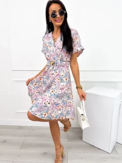 Sukienka w Kwiatki z Paskiem 12342-119-Q|Modna Kiecka Discount
