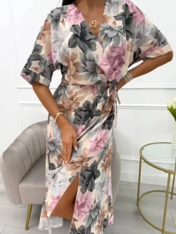 Sukienka w Kwiaty ze Ściągaczem  14005-286-Q|Modna Kiecka Discount
