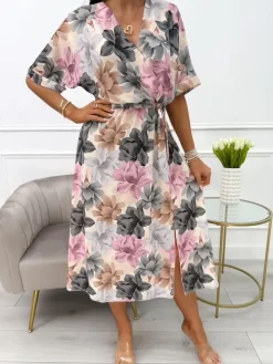 Sukienka w Kwiaty ze Ściągaczem  14005-286-Q|Modna Kiecka Discount