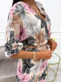 Sukienka w Kwiaty ze Ściągaczem  14005-286-Q|Modna Kiecka Discount