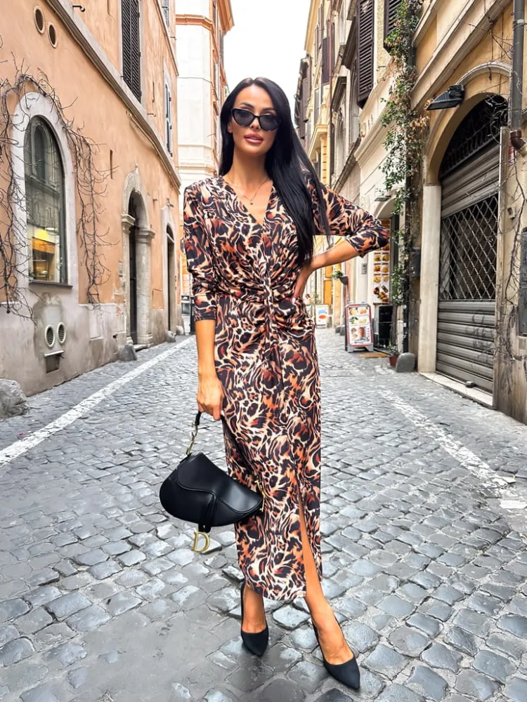 Sukienka w Panterkę z Rozporkiem 12937-216-Q|Modna Kiecka Fashion