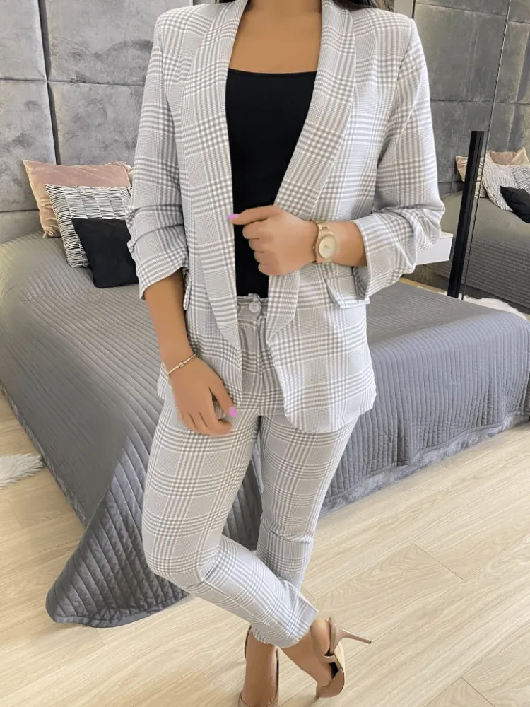 Szara Marynarka w Kratę 7358-103-Q|Modna Kiecka Discount