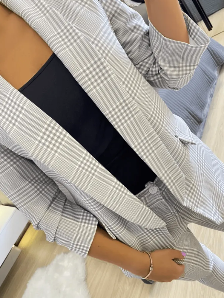 Szara Marynarka w Kratę 7358-103-Q|Modna Kiecka Discount