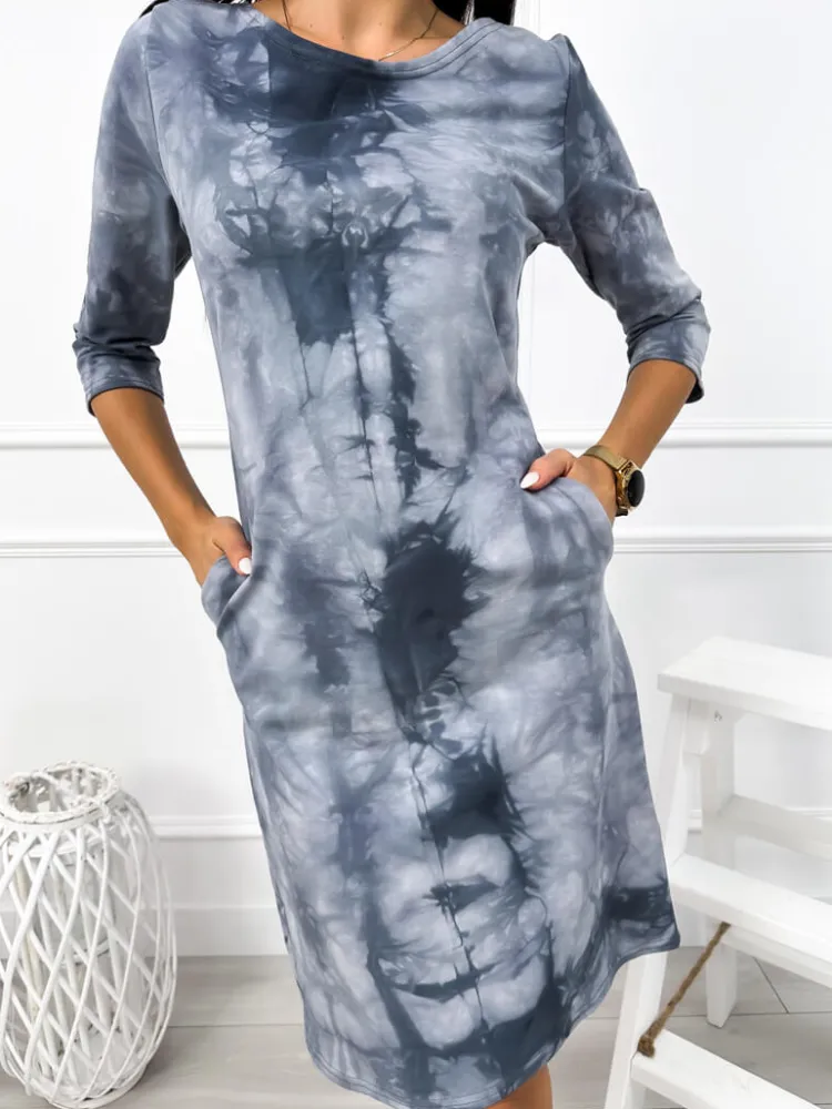 Szara Sukienka Tie Dye z Kieszeniami 12876-102-D|Modna Kiecka Fashion