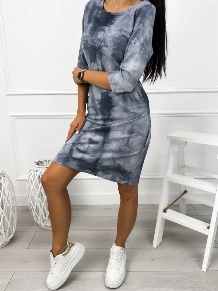 Szara Sukienka Tie Dye z Kieszeniami 12876-102-D|Modna Kiecka Fashion