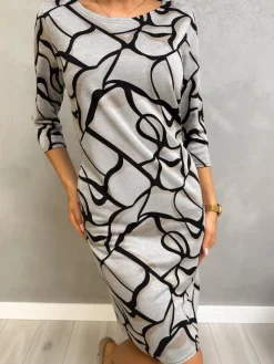 Szara Sukienka w Czarno-Beżowy Wzór  13098-202-Q|Modna Kiecka New
