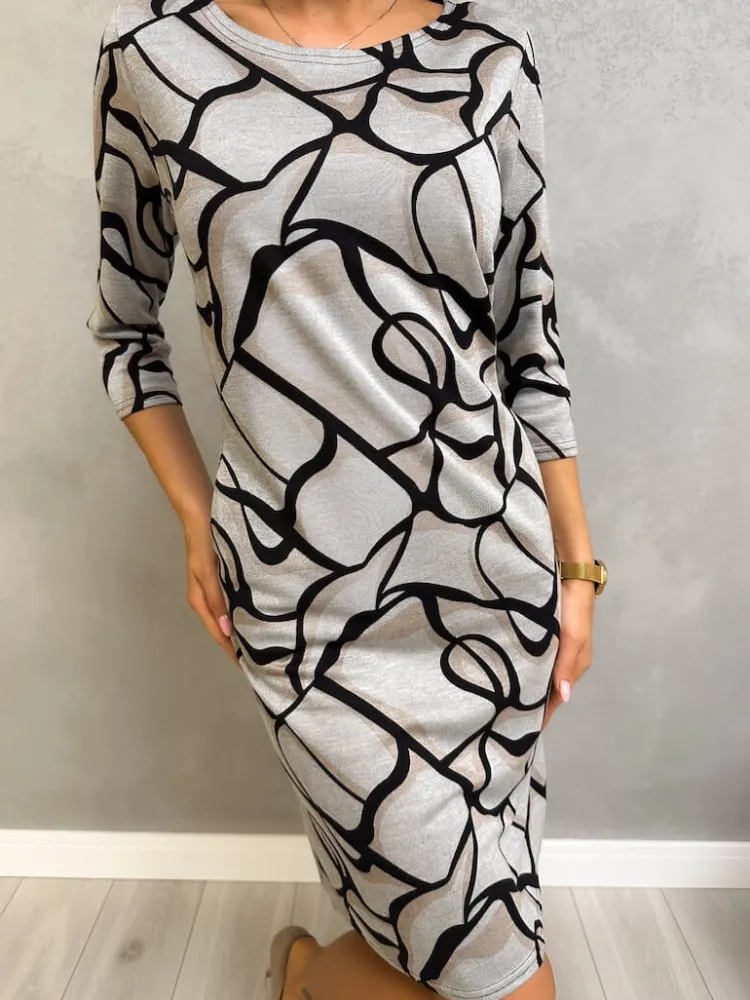 Szara Sukienka w Czarno-Beżowy Wzór 13098-202-Q|Modna Kiecka New