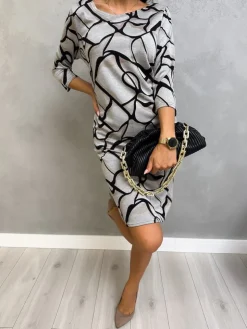 Szara Sukienka w Czarno-Beżowy Wzór 13098-202-Q|Modna Kiecka New