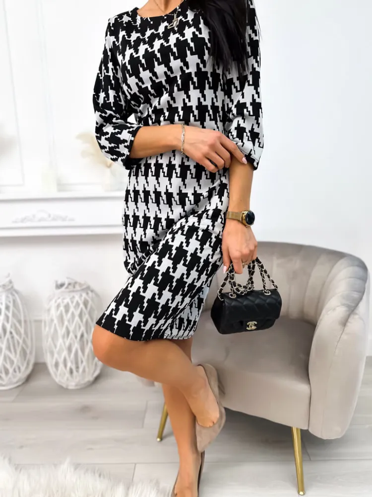 Szara Sukienka w Czarny Wzór 11230-89-B|Modna Kiecka Hot