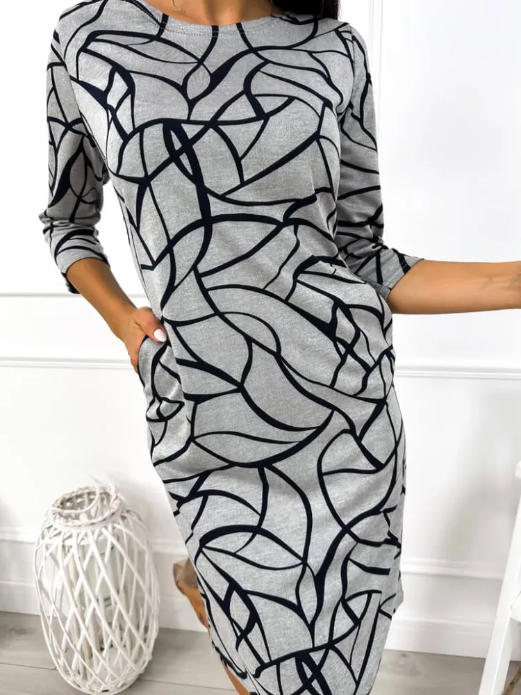 Szara Sukienka w Granatowy Wzór 12838-215-B|Modna Kiecka Discount
