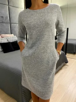 Szara Sukienka z Kieszeniami 12753-58-G|Modna Kiecka Discount