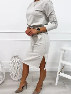 Szara Sukienka z Rozcięciem i z Paskiem 12657-10-F|Modna Kiecka Hot