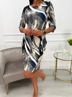 Szara Sukienka ze Wzorem 13733-15-Q|Modna Kiecka New