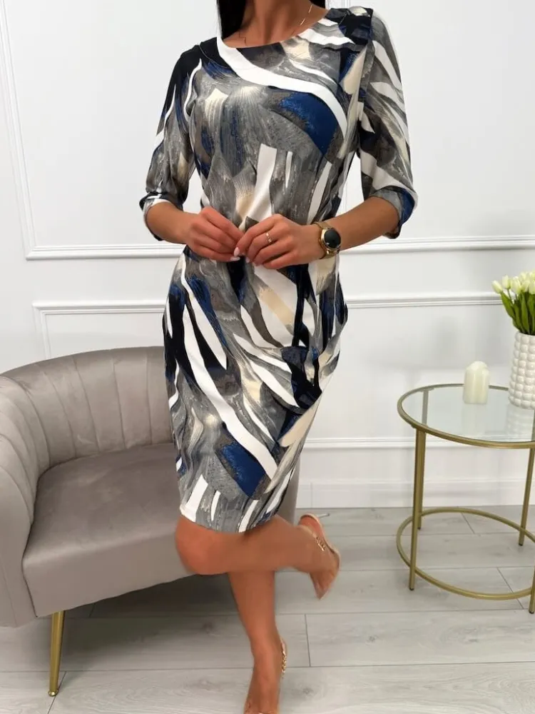 Szara Sukienka ze Wzorem 13733-15-Q|Modna Kiecka New