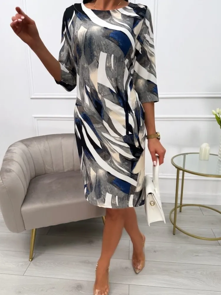Szara Sukienka ze Wzorem 13733-15-Q|Modna Kiecka New