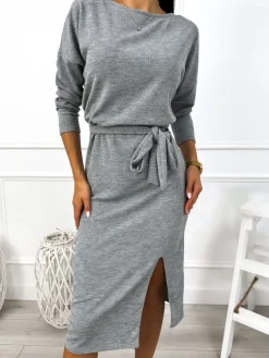 Szara Sweterkowa Sukienka z Rozporkiem i Paskiem 12837-507-D|Modna Kiecka Discount